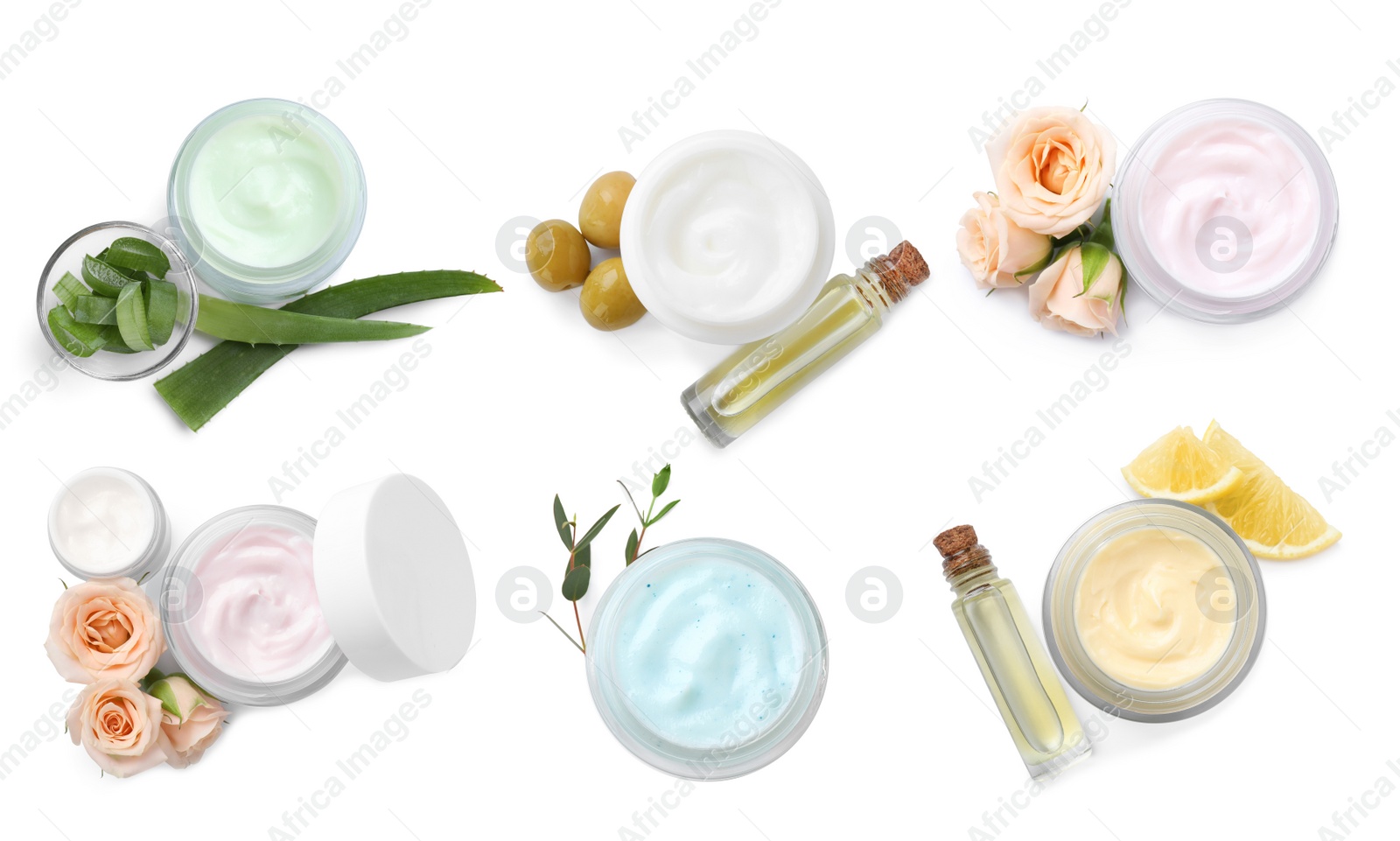 Image of Set with jars of body cream on white background, top view