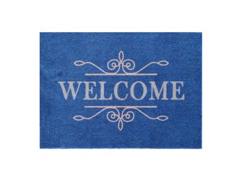 Photo of Blue doormat with word Welcome isolated on white, top view