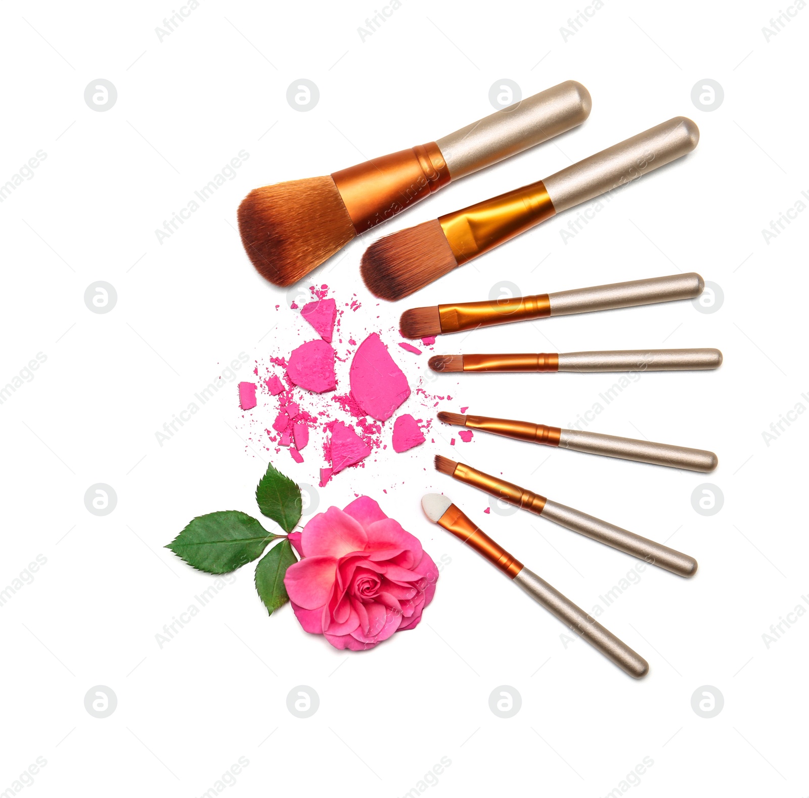 Photo of Flat lay composition with makeup brushes and rose on white background