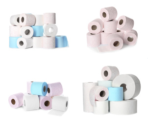 Image of Set with color rolls of toilet paper on white background