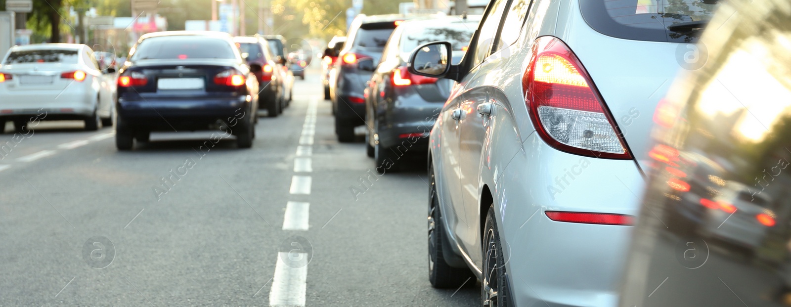 Image of Cars in traffic jam on city street. Banner design