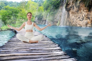 Image of Woman meditating on wooden bridge near river in mountains, space for text