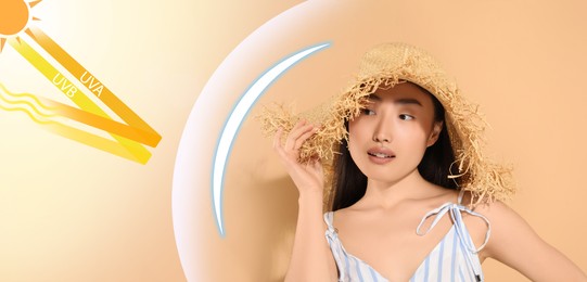 Image of Sun protection product as barrier against UVA and UVB, banner design. Beautiful young woman in straw hat against beige background