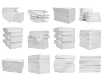 Image of Set with stacks of blank paper on white background