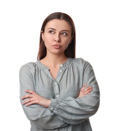 Photo of Portrait of emotional young woman on white background. Personality concept