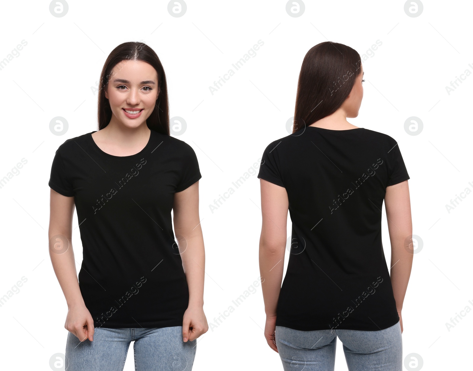 Image of Woman wearing casual black t-shirt on white background, mockup for design. Collage with back and front view photos