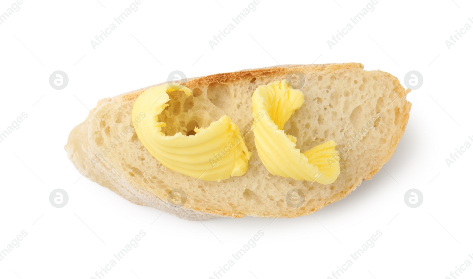Photo of Tasty butter curl and slice of bread isolated on white, top view