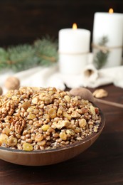 Traditional Christmas slavic dish kutia served on wooden table, closeup