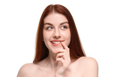 Portrait of beautiful woman with freckles on white background