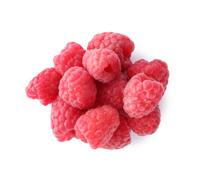 Photo of Pile of fresh ripe raspberries isolated on white, top view