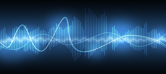 Illustration of dynamic sound waves on black background. Banner design