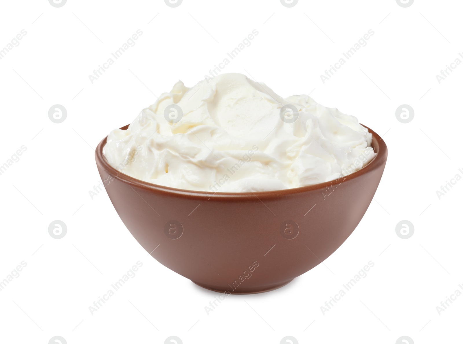 Photo of Bowl of tasty cream cheese isolated on white