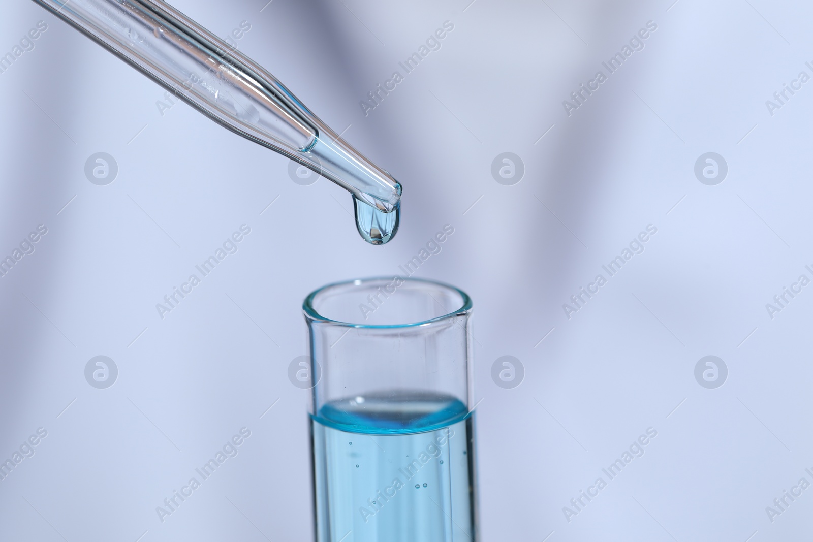 Photo of Dripping liquid from pipette into test tube on blurred background, closeup