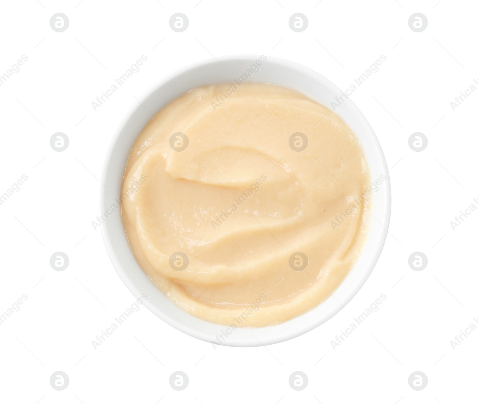 Photo of Bowl of healthy baby food isolated on white, top view