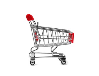 Empty mini metal shopping cart isolated on white