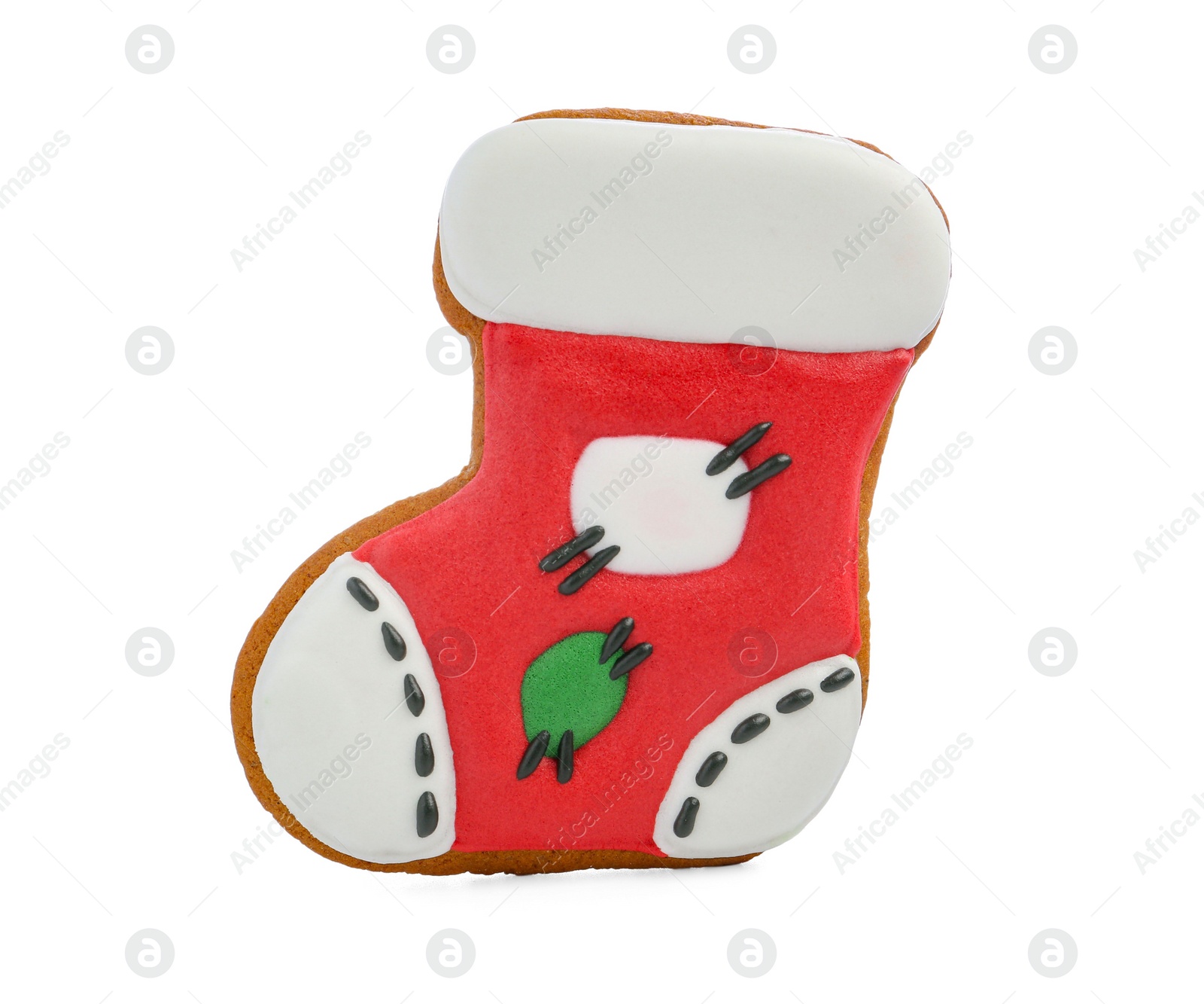 Photo of Delicious cookie in shape of Christmas stocking isolated on white