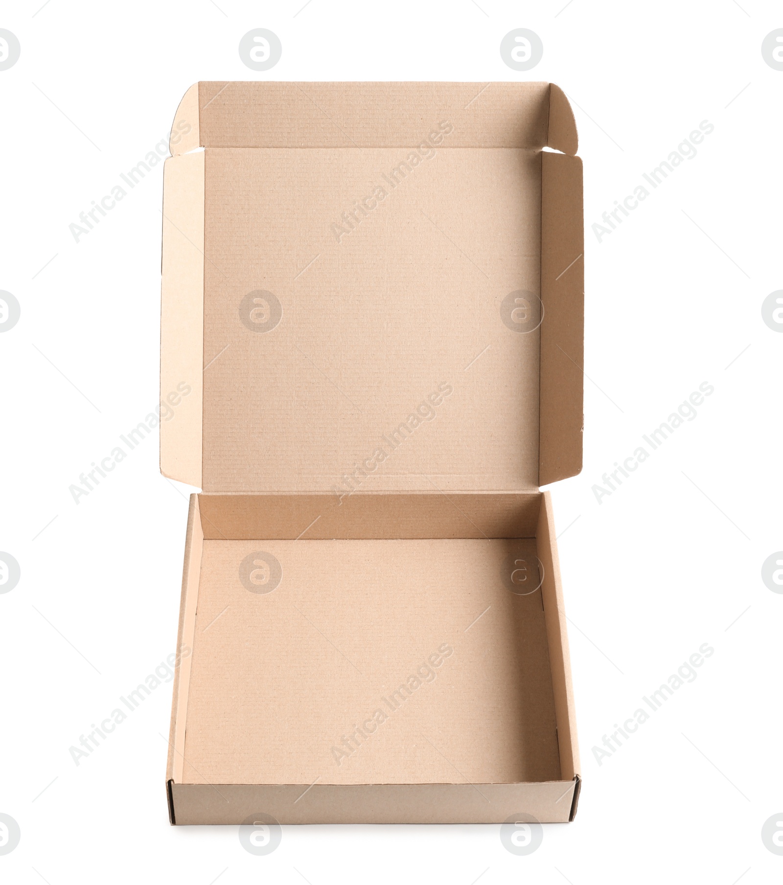 Photo of Open cardboard pizza box on white background