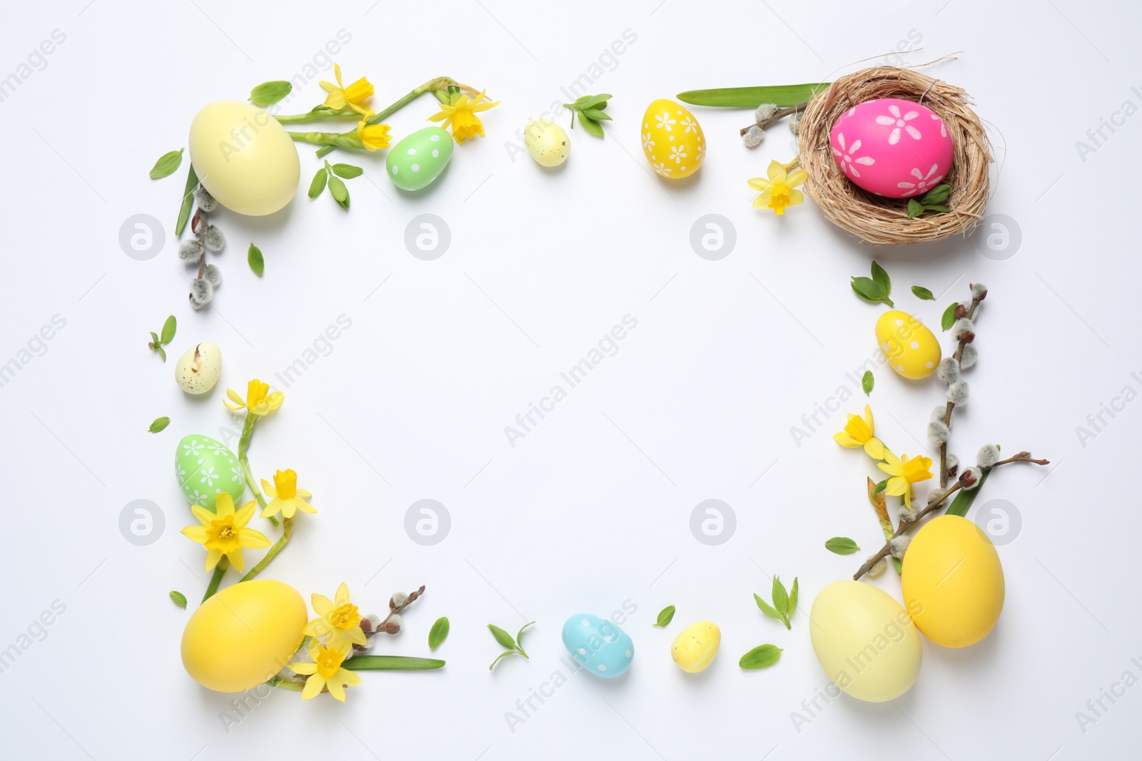 Photo of Frame made with Easter eggs on white background, flat lay. Space for text