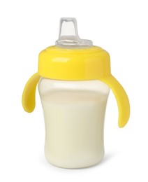 One feeding bottle with milk on white background