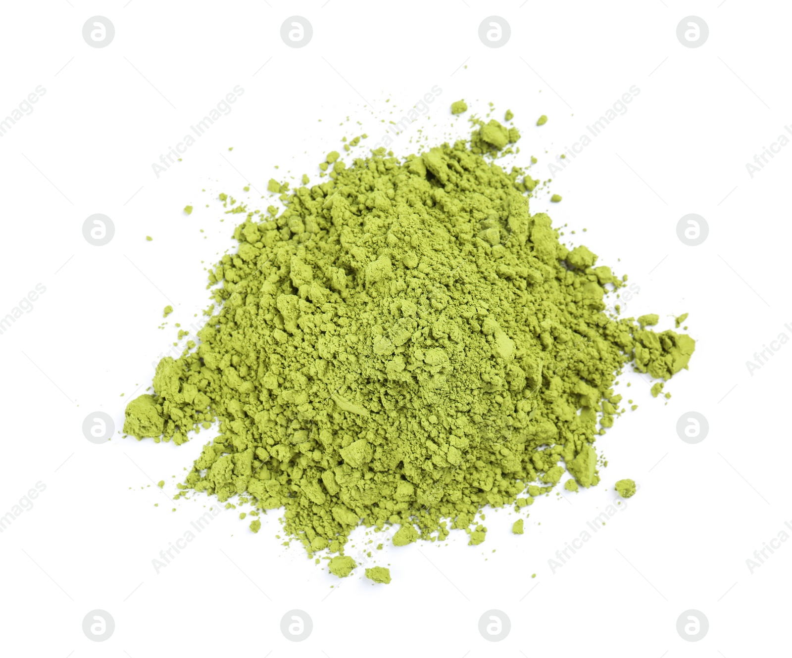 Photo of Powdered matcha tea on white background