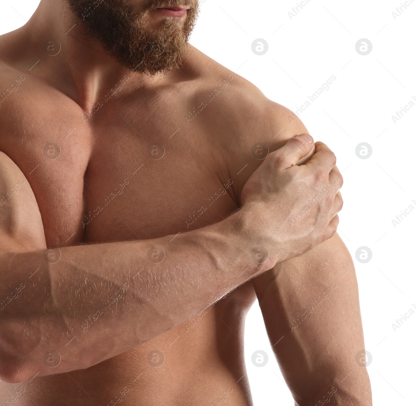 Photo of Man with muscular body on white background, closeup