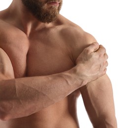 Man with muscular body on white background, closeup