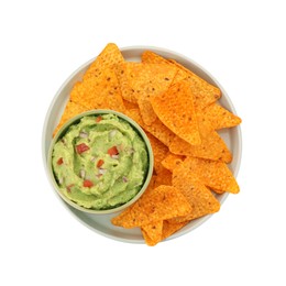 Photo of Bowl of delicious guacamole and nachos chips isolated on white, top view