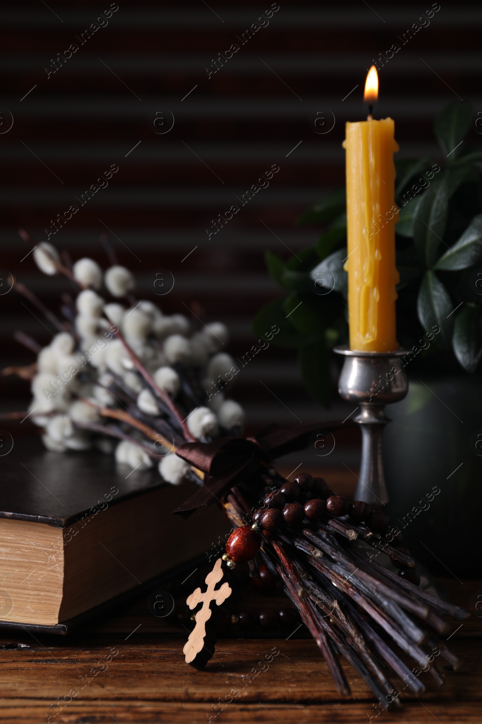 Photo of Rosary beads, Bible, burning candle and willow branches on wooden table, closeup