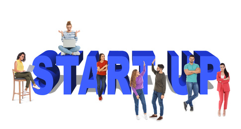 Image of Group of young people and phrase START UP on white background 