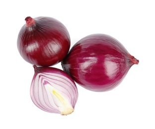 Fresh whole and cut red onions on white background, top view