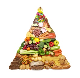 Photo of Food pyramid on white background, top view. Healthy balanced diet