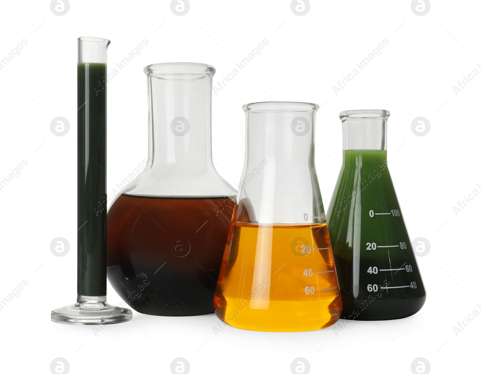 Photo of Laboratory glassware with different types of crude oil isolated on white