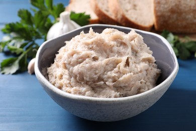 Delicious lard spread on blue wooden table