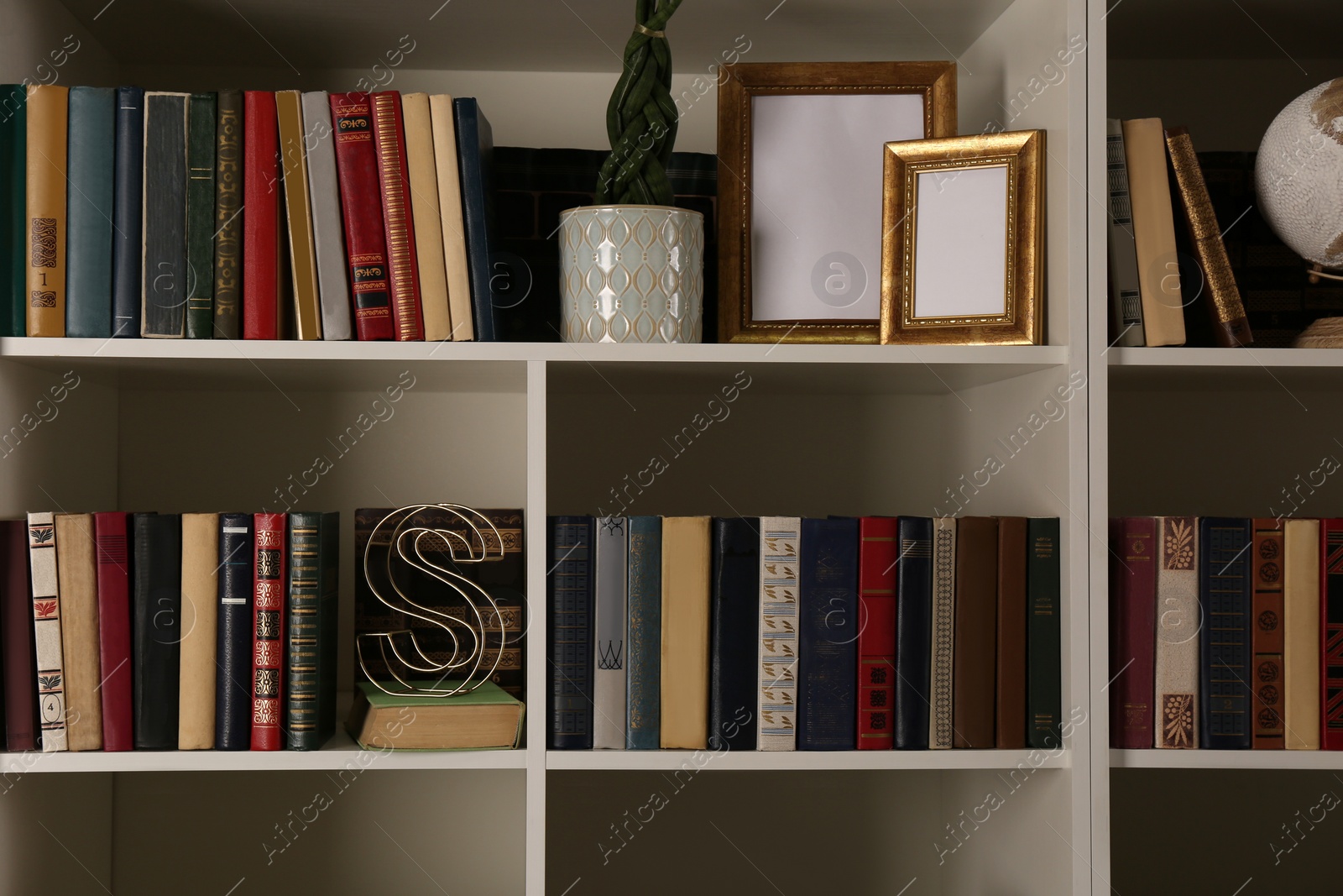 Photo of Collection of books and decor elements on shelves. Home library