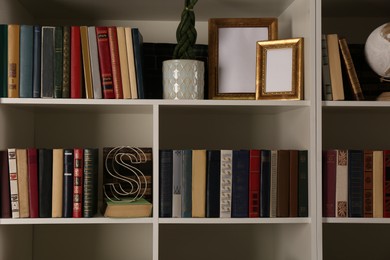 Collection of books and decor elements on shelves. Home library