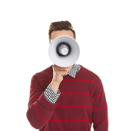 Young man with megaphone on white background