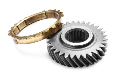 Different stainless steel gears on white background