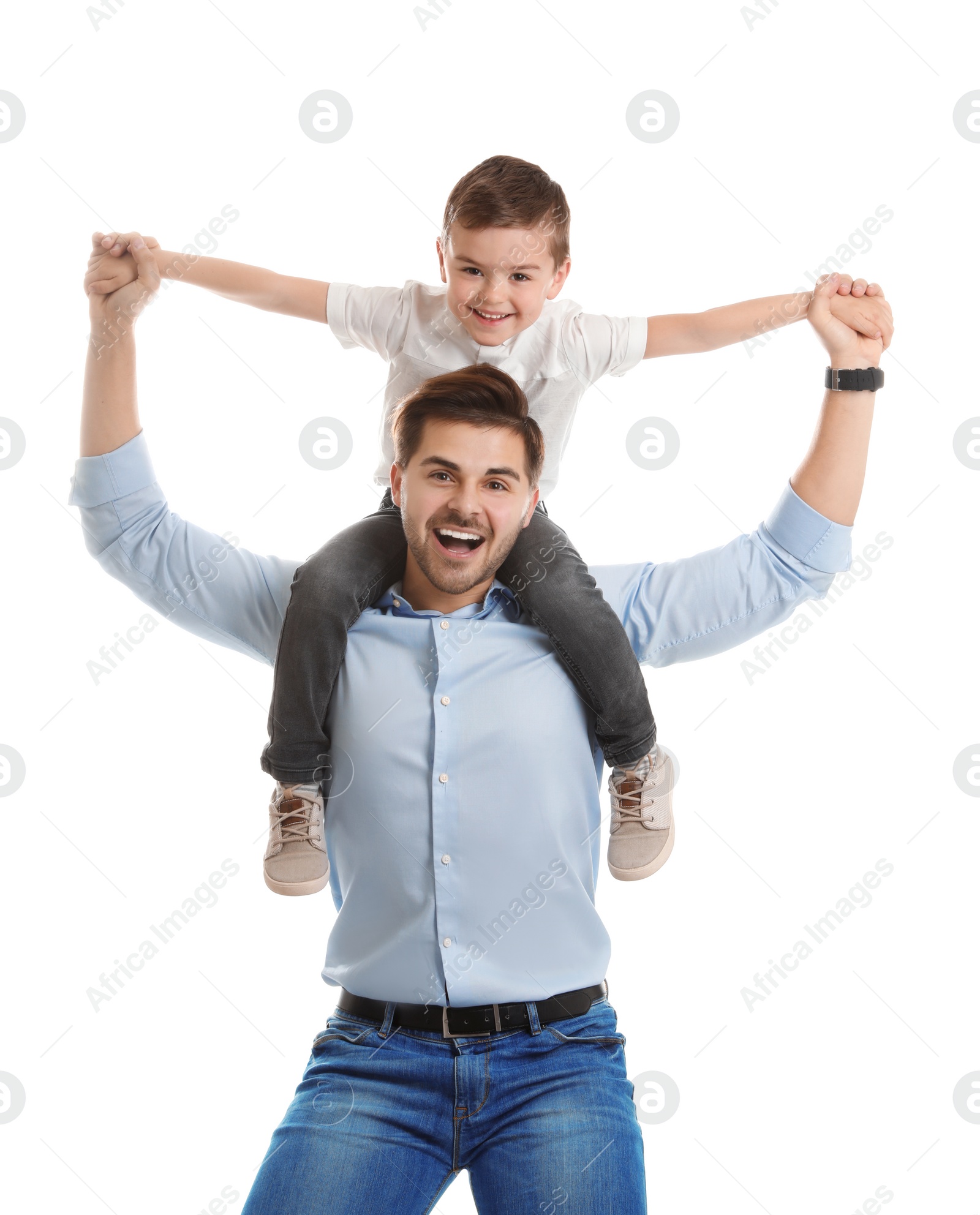 Photo of Portrait of dad playing with his son isolated on white