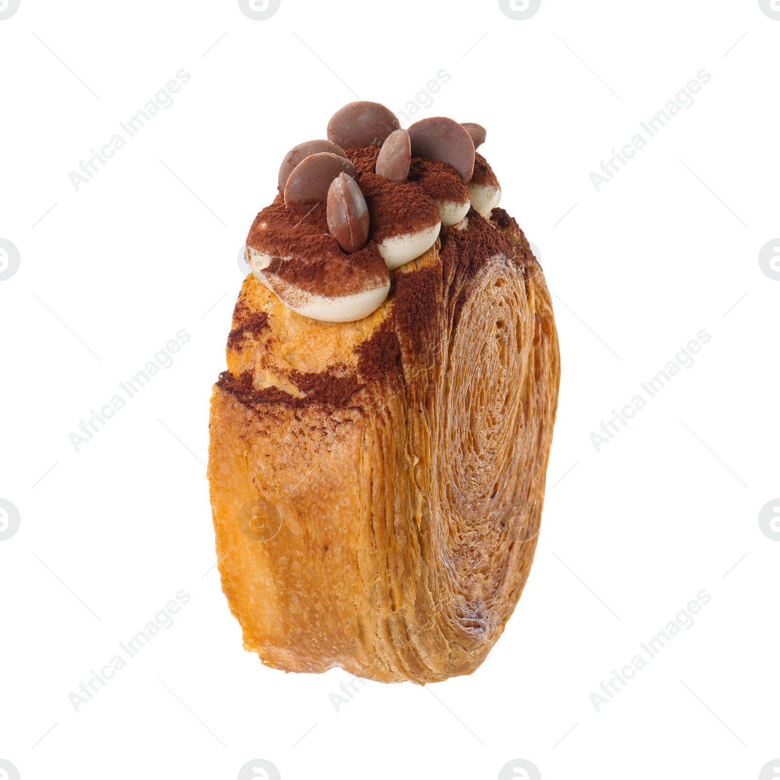 Photo of One supreme croissant with chocolate chips and cream on white background. Tasty puff pastry