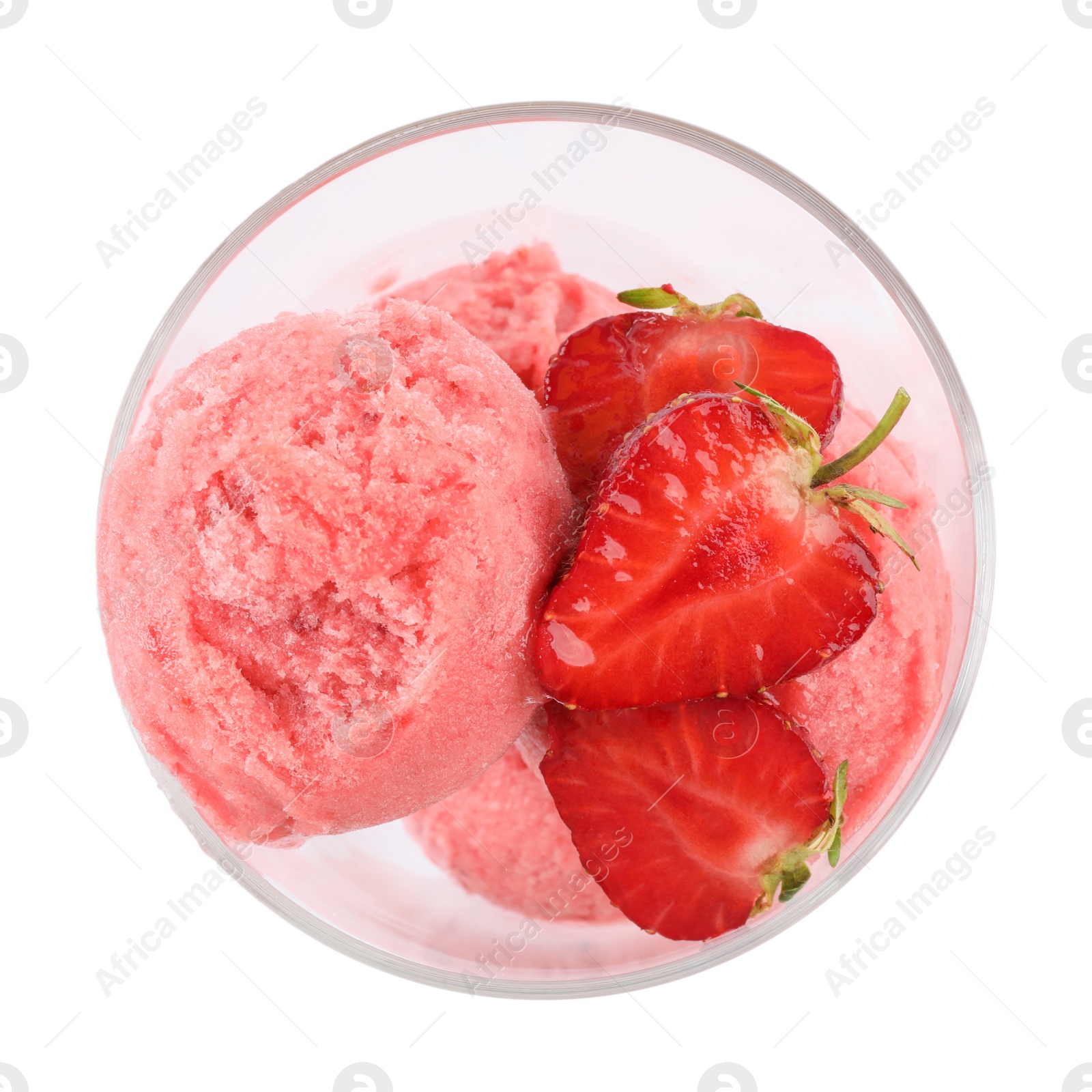 Photo of Delicious strawberry ice cream with fresh berries in dessert bowl on white background, top view