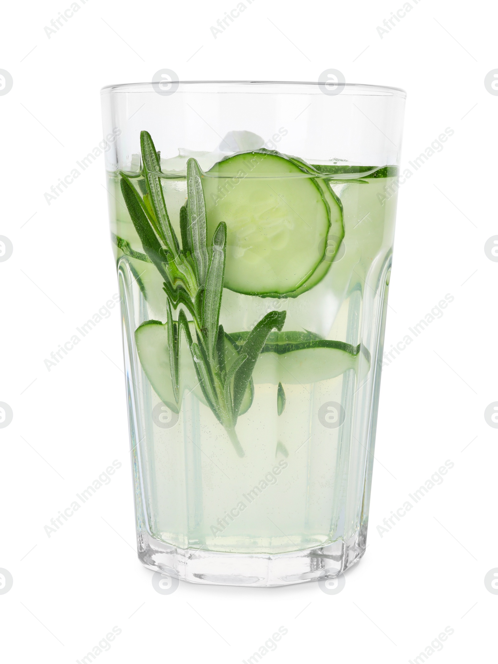 Photo of Glass of refreshing cucumber lemonade and rosemary on white background. Summer drink