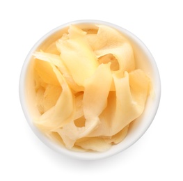 Photo of Pickled ginger in bowl isolated on white, top view