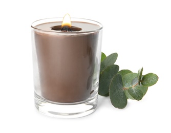 Photo of Aromatic candle with wooden wick and eucalyptus branch on white background