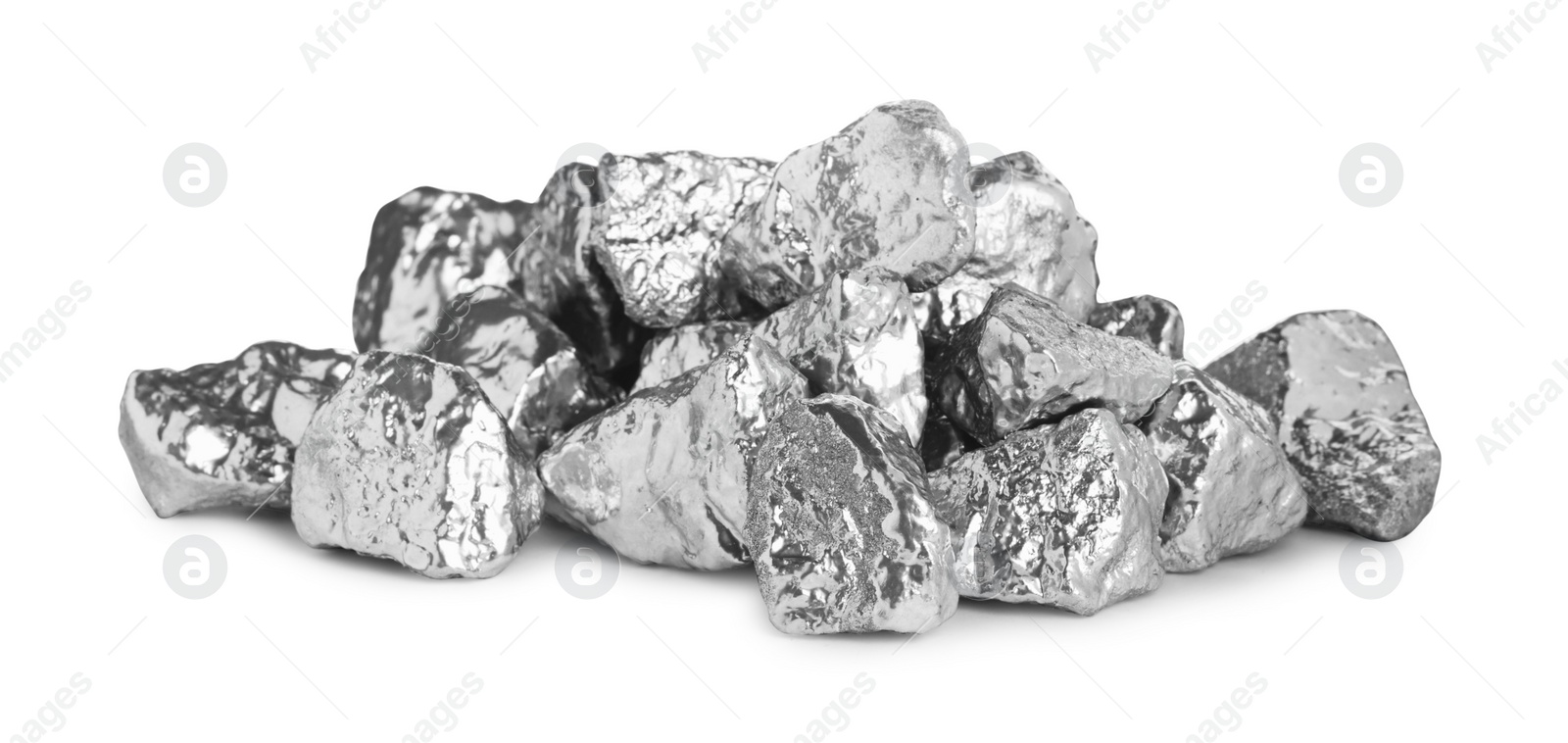 Photo of Many shiny silver nuggets on white background