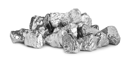 Photo of Many shiny silver nuggets on white background