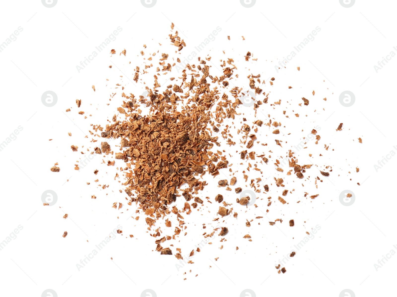 Photo of Delicious chocolate shavings on white background, top view