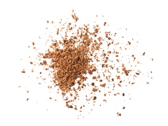 Delicious chocolate shavings on white background, top view