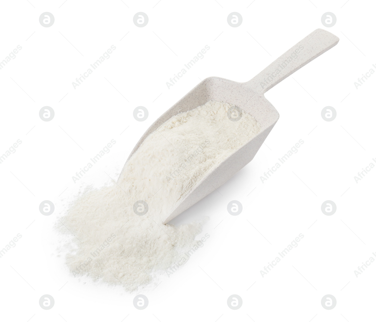 Photo of Baking powder and scoop isolated on white