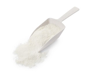 Photo of Baking powder and scoop isolated on white