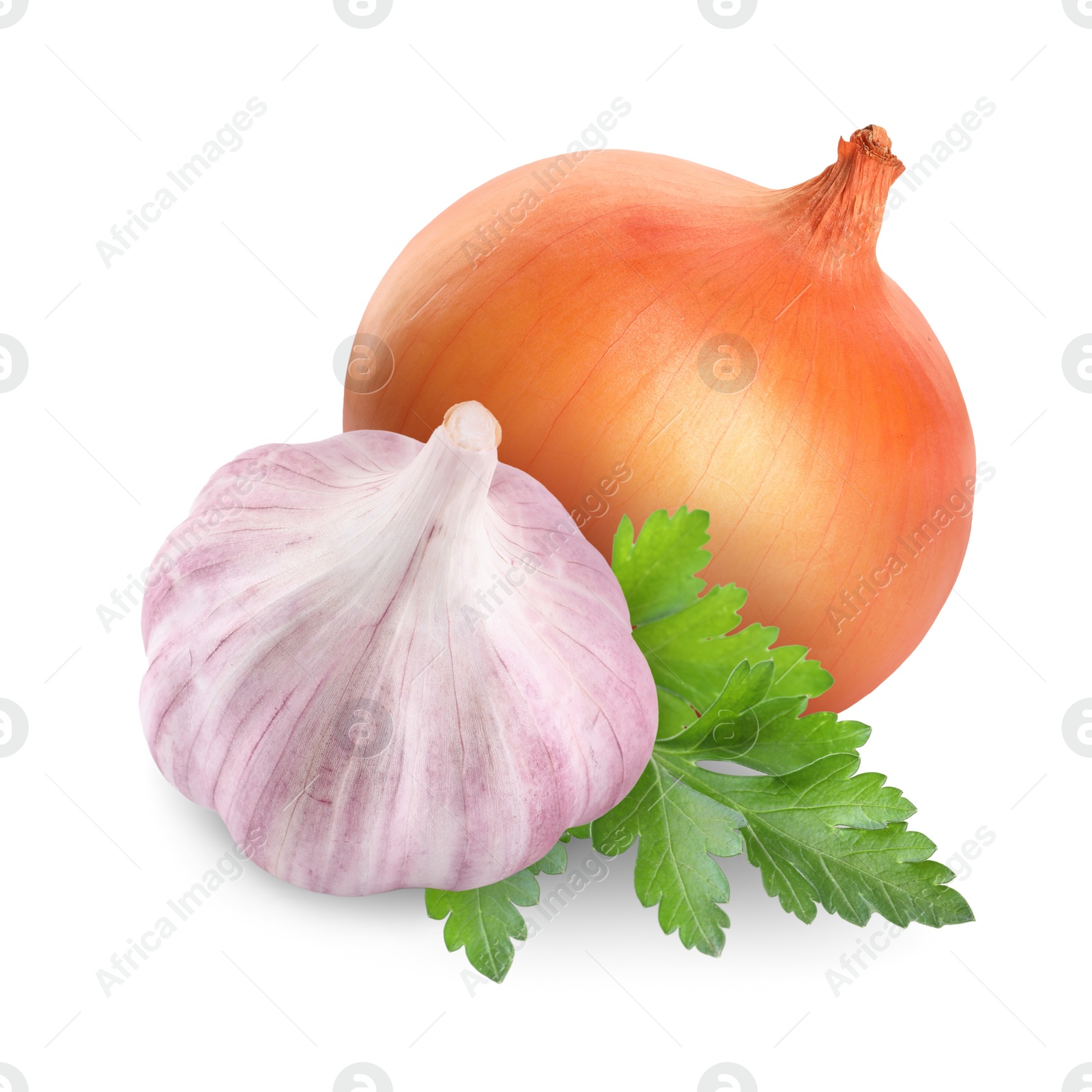 Image of Garlic, yellow onion and parsley isolated on white